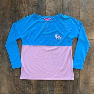 lilly pulitzer finn long sleeve top colorblock blue & pink with dog print